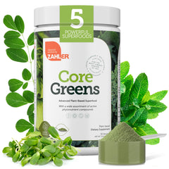 Zahler Core Greens tub front shows daily greens nutrition for smoothies