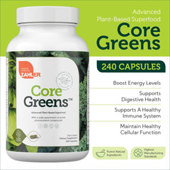 Zahler Core Greens ingredients including spirulina and chlorella for vital nutrients.