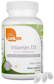 Zahler D3 2000IU softgels bottle for bone and immune support.