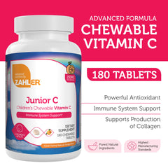 Zahler Junior C Advanced chewable tablets closeup; kid-friendly orange flavor makes dosing easy.