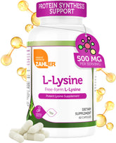 Zahler L-Lysine 500mg bottle on a kitchen counter for daily amino acid support.
