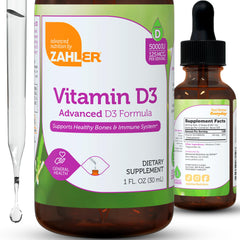 Zahler D3 drops with dropper illustrating easy dosing for adults.