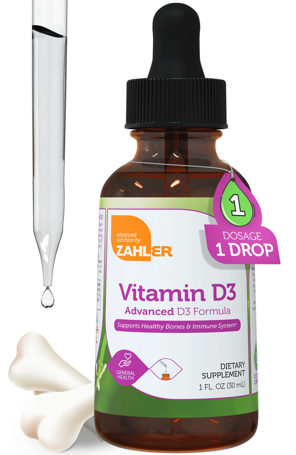 Zahler Vitamin D3 5000 IU liquid bottle ready for bone and immune support.