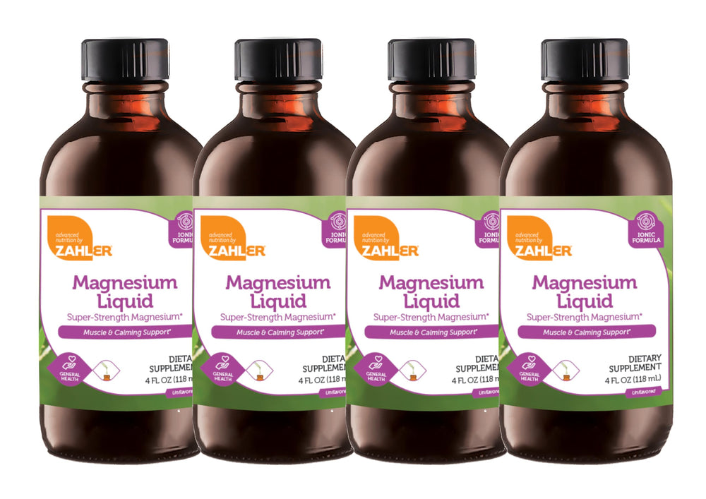 Zahler Magnesium Liquid Super-Strength bottle pour illustrating easy daily use for muscle comfort and calm moments.
