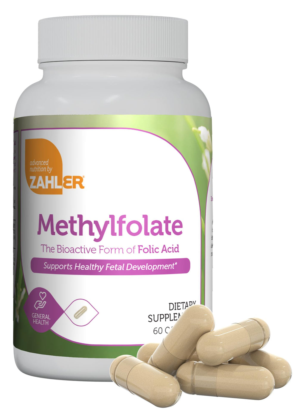 Zahler Methylfolate bottle front for daily prenatal folate support.