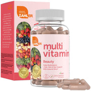 Zahler Multivitamin Beauty bottle shows daily support for skin, hair, and nails