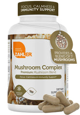 Zahler Mushroom Complex bottle front showing daily focus and immune wellness potential