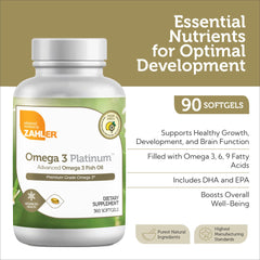 Zahler Omega-3 bottle pour of softgels indicating convenient daily dosing.