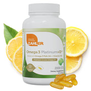 Zahler Omega 3 Platinum +D softgel bottle highlighting heart and brain support.