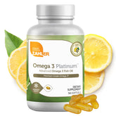 Zahler Omega-3 softgels bottle close-up showing high-potency formula for heart and brain support.