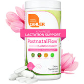 Zahler Postnatal Flow bottle front showing 120 tablets for lactation support.