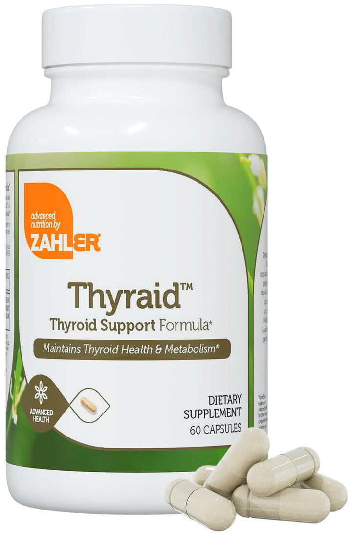 Zahler Thyraid bottle label close-up showing thyroid support in a kosher, non-GMO formula.