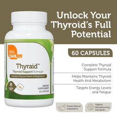 Zahler Thyraid capsules with water illustrate easy daily dosing for sustained energy support.