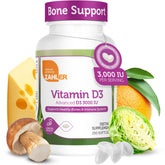 Zahler Vitamin D3 3000IU bottle pour showing easy daily dosing for bone and immune support.