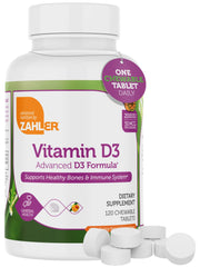 Zahler Vitamin D3 chewable orange tablets in bottle support daily bone health