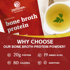 Zammex bone broth packets collagen-rich powder supporting joints and skin health.