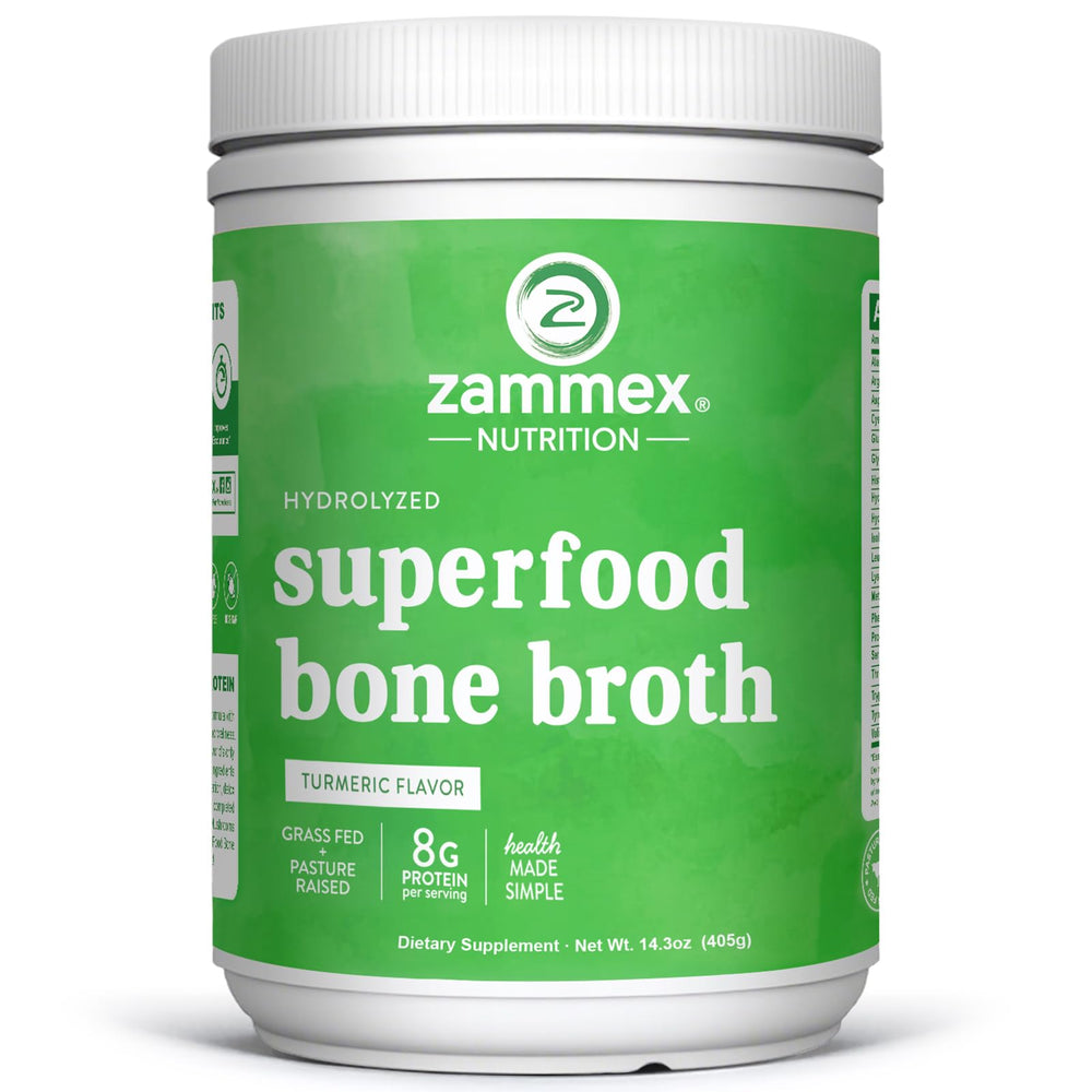 Zammex Bone Broth Plus Turmeric bottle highlighting protein-rich formula and Vitamin D support
