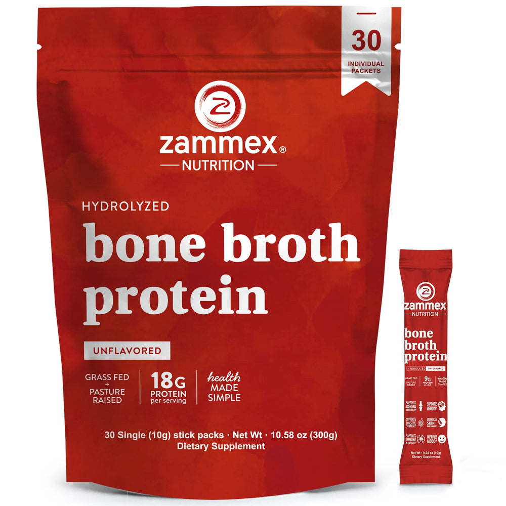 Zammex bone broth protein travel packets ready for on-the-go fueling.
