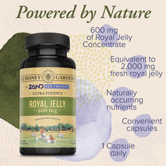 ZAND Honey Gardens ingredients panel highlights natural royal jelly nutrients.