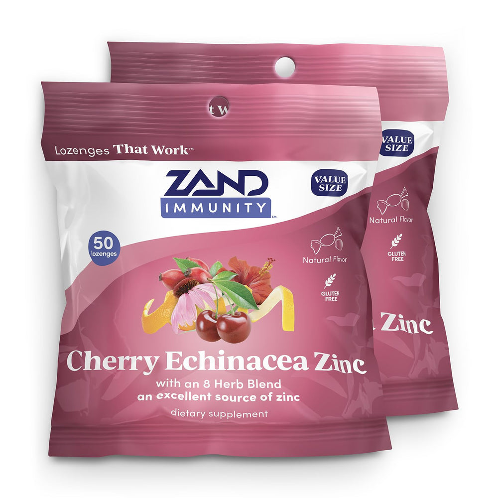 ZAND Immunity Cherry Echinacea lozenges bottle shown, supports immune comfort and throat relief.