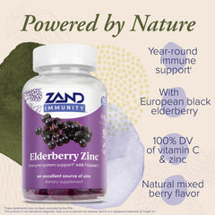 Serving of ZAND gummies highlighting vegan, gluten-free ingredients and zinc.