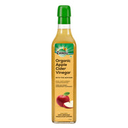Zandu Organic Apple Cider with Mother in bottle on counter, ideal for dressings.