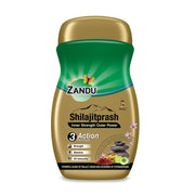 Zandu Shilajitprash bottle close-up highlighting herbal vitality support.
