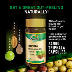 Zandu Triphala bottle closeup, premium herbal blend for gut health.