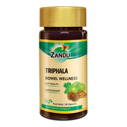 Zandu Triphala capsules bottle front, trusted tradition for digestion support.