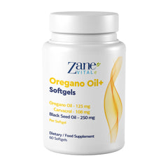 Zane VITALe Oregano Oil Plus Softgels bottle supports immune and digestive wellness.