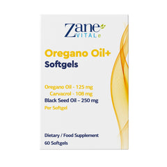 Zane VITALe Softgels closeup shows standardized carvacrol and thymoquinone for potency.