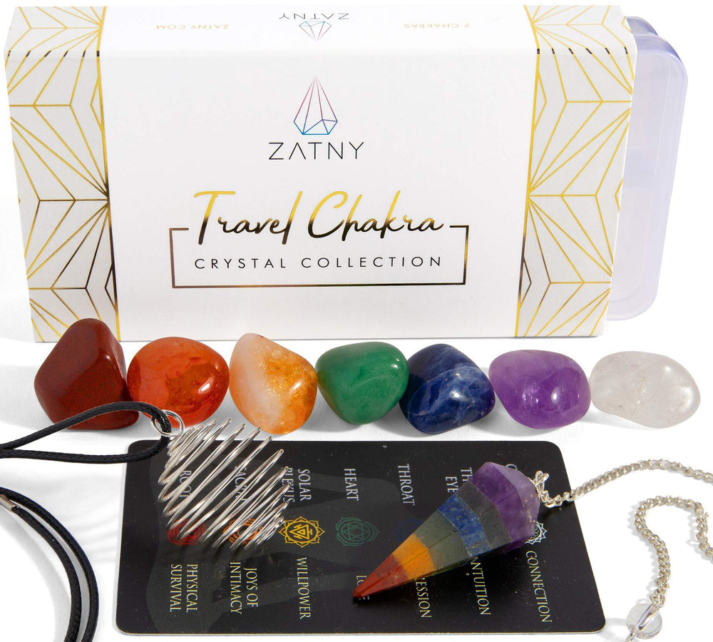 ZATNY Travel Chakra set tumbled stones arranged by color for balanced energy on the go.
