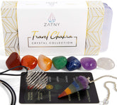 ZATNY Travel Chakra set tumbled stones arranged by color for balanced energy on the go.
