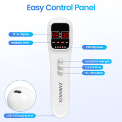ZAWANEX dual-wavelength detail highlights 808nm and 650nm LEDs.