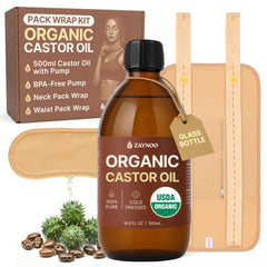 Zaynoo castor oil pack kit bottle for at-home self-care with organic, cold-pressed oil for soothing routines.