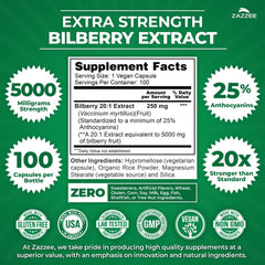 Zazzee bilberry capsules displaying 25% anthocyanins for potent use