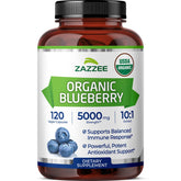 Zazzee Blueberry Extract bottle with Organic label highlighting potency