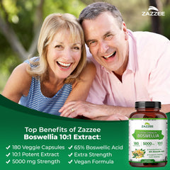 Zazzee boswellia capsules close-up shows 5000 mg strength per capsule.