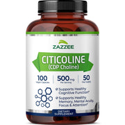 Zazzee Citicoline bottle front label highlights 500 mg per serving for daily focus