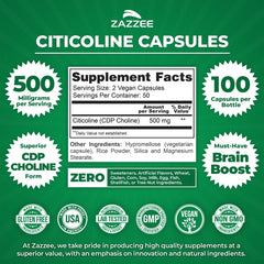 Zazzee Citicoline capsules visible and vegan-friendly for easy swallowing