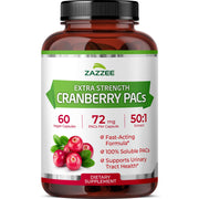 Zazzee Cranberry PACs bottle with label and 60 capsules for daily support.
