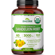 Zazzee Dandelion Root Extract bottle shows organic, potent formula for daily use.