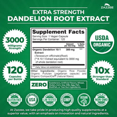 Close-up of Zazzee label on Dandelion Root Extract bottle emphasizing organic certification