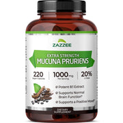 Zazzee Extra Strength Mucuna Pruriens bottle front showing value and potency.