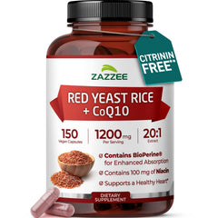 Zazzee extra-strength red yeast rice with CoQ10 bottle for circulatory wellness.