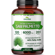 Zazzee extra-strength saw palmetto bottle for daily use with four-month supply.
