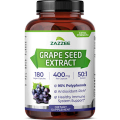 Zazzee grape seed extract bottle front view showing 50:1 potency for daily use