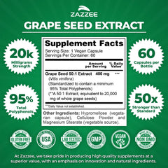 Zazzee grape seed extract capsules illustrating vegan, non-GMO convenience