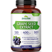 Zazzee Grape Seed Extract bottle showing 50:1 potency and a four-month supply.