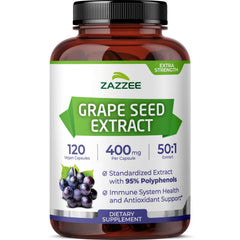 Zazzee Grape Seed Extract bottle showing 50:1 potency and a four-month supply.